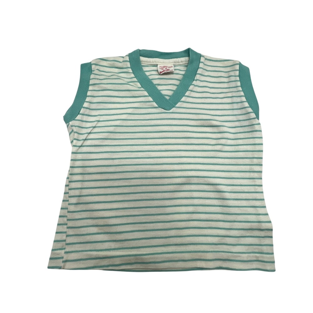 Vintage Buster Brown Kids Teal White Striped V-Neck Sleeveless Knit Top Size 3